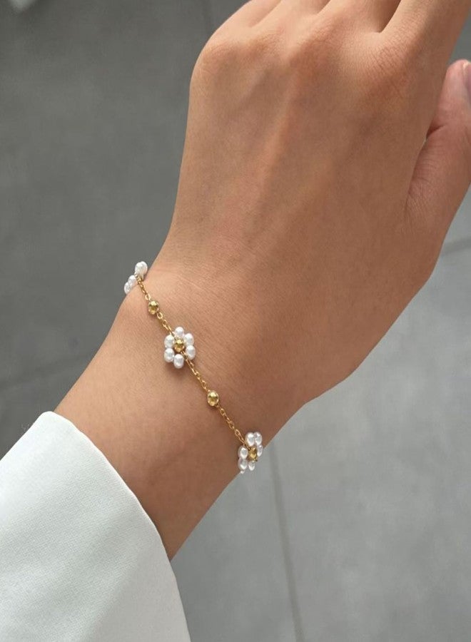 Zeffy Gold Bracelets for Women - 14K Gold Plated Pearl Daisy Flower Beaded Station Pearl Bracelets - Image 4